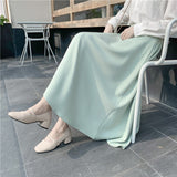 Women's Korean Style Office Lady Skirts Spring Fall Casual Solid High Waist A-Line Satin Femme
