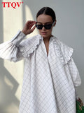 Fashion Doll Collar White Plaid Mini Dress Casual Long Sleeve Office Lady Dress Elegant Loose Ruffle Dresses For Women