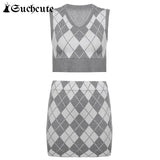 SUCHCUTE Preppy Style Plaid Printed Women Dress Sets Knitted Sleeveless Top With Skirst Casual Kawaii Streetwear Outfits
