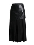 Korean Version Style 2025 Summer New Mid-Waist Pu Leather Stitching Pleated Contrast Color Women's Zipper Door Skirt Skirt