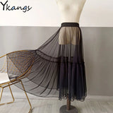 Women Sexy Mesh Transparent Long Tulle Skirt Korean Fashion Summer Ladies Elastic High Waist Black White Beach Midi