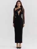 Mesh Long Sleeve Bodycon Deep Neck Maxi Dress-Outfit