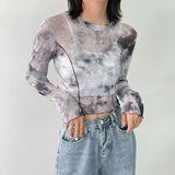 Black White Tie Dye Mesh Tops Women Sexy Slim Crop Top Long Sleeve See Through Semitransparent T Shirts Summer