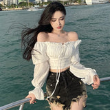 Women Puff Sleeve Square Collar Blouses Fashion Elegant French Romantic Floral New White Chiffon