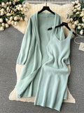 Autumn Thick Warm Knitted Suits 2023 Strap Knit Dress+Loose Long Cardigans Sweater Home Wear Casual Two Pieces