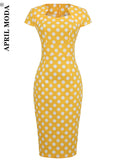 Dress for Women Printed Summer Yellow Bodycon Gowns 50s 60s Pin Up Office Retro Vintage Club Party Dress Evening