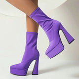 Blue Women Ankle Boots 2022 Stretch Fabric Platform Square High Heel Punk Boots Pointed Toe Autumn Winter Ladies