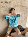 Gradient Blue Hawaiian Shirt Summer 2022 Womens Fashion Button Up Collared Shirt Blouse Short Sleeve Striped