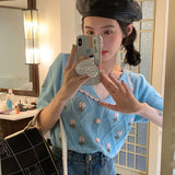 Women Knitted Floral Designer Vintage Elegant Korean Style College Trendy Popular Holiday Tops All-match Soft