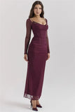Burgundy Sheer Long Sleeve Bodycon Maxi Dress- Outfit