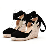 Round Head Water Table Slope Sandals Roman Strap High Heel Sandals Hollow Summer Grass Table Sandals