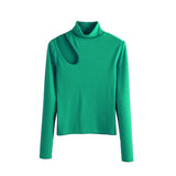 Sexy Skinny Turtleneck Top Woman Hollow Out Casual Long Sleeve T Shirt Skinny Spring 2021 Slim Tee Lady