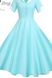 Women Vintage Slim Summer Dress Solid Yellow Short Sleeve High Waist Elegant Office Party Midi Sundress Classic Robe