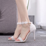 Cm High-Heeled Sandals Bridesmaid Wedding Buckle Lace Flowers Fine Fish Mouth Roman