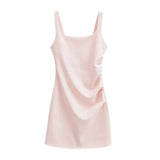 Zingj New Pleated Vest Dress Summer Women's Solid Color Square Collar Sleeveless Hip