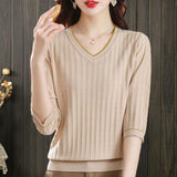 Seven-Sleeved T-Shirt Women's Mid-Sleeve Top Ice Knitted Shirt Thin Mother Spring T-Shirt