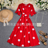 Zingj Big Wave Point Foreign Air Horn Short Sleeve Temperament V Neck Tie Closed Waist Show Thin Long Dress Female Summer