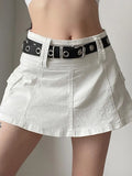 SUCHCUTE Gothic Casual Zipper Fly Safety Short Denim Skirt Summer Streetwear Low Waist Mini Jeans Skirt WIth Shorts For