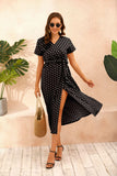 2021 Summer Fashion Sexy V Neck Short Sleeve Women's Split Dress Bohemia Casual Belt Empire Polka Dot Print Ladies