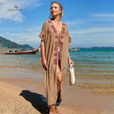 Floral Embroidered Front Open Long Kimono Cardigan Plus Size Navy Blue Tunic Women Tops and Blouses Shirts