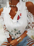 Hollow Out Printed Women Blouses Summer Female Strapless Blouse Casual Tops V-Neck Elegant Short Sleeve Lace Shirts