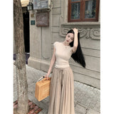 Hot Girl Casual Suit Women's Spring Short-sleeved Knitted Top High Waist Wide Leg Pants 2-piece Set Fashion Female