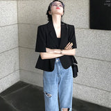 Women Fashion Casual Short Sleeve Loose Korean Style Office Lady Single Breasted Elegant All-match Summer Female