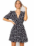 Sand Spot Mini Summer Dresses Women V Neck Casual Beach Sundress Sexy Botton Wrap Bodycon Dress