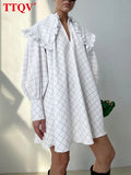 Fashion Doll Collar White Plaid Mini Dress Casual Long Sleeve Office Lady Dress Elegant Loose Ruffle Dresses For Women