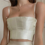 Lady Satin Two Piece Set Sexy Backless Bandage Strp Corset Crop Top High Waist A-line Skirt Women Summer Holiday