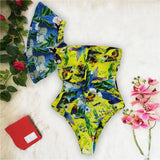 Retro One Piece Swimsuit Women Swimwear Push Up Monokini Print Bandage One shoulder Bathing Suit Bodysuit Beach Wear