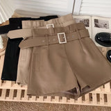 New PU Leather Shorts Women Shorts All-match Sashes Wide Leg Short Ladies Sexy Leather Shorts Autumn