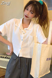 Women Summer Short-sleeve Turn-down-collar Solid Short Womens Tops Blouses Korean Style Loose All-match Slim Trendy