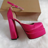 Onlymaker Square Toe Sandals Platform Thick High Heels Solid Mixed Colors Crystal Buckle Stain Sandals Graceful Women