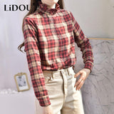 Autumn Agaric Edge Stand Collar Vintage Classic Plaid Sanding Single Breasted Blouse Femme Long Sleeve Simple Shirt