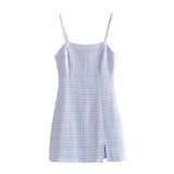 Tweed Spaghetti Strap Bodycon Women Mini Dress 2021 Summer New Solid High Waist Chic All-match Office Lady Femme
