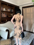 Vintage Embroidered Floral Qipao Cheongsam Dress Women 2022 Summer Bodycon A Line Tulle Halter Dress Designer
