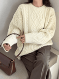Crew Neck Cable Knit Pullover Sweater- Outfit