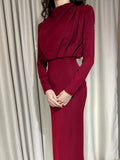 Elegant Women Dress Stand Collar Slim Waist Solid Blue Ankle Length Autumn Long Sleeve Casual Party Dress