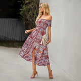 Elegant Floral Print Hem Split Dresses Women Summer Dress 2022 New Boho Holiday Slash Neck Short Sleeve Swing Midi