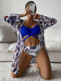 Beach Cover Up And Bikini Set Sexy Swimwear Women Hollow Out Swimsuit High Waist Biquini Female Print