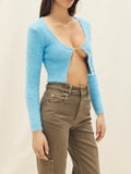 Fashion Women's Knitted Cardigan O-neck Slim Mental Buckle Long Sleeve Solid Color Short Sweater Spring 2023 New