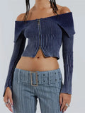 Lapel Gradient Print Long Sleeve Cardigan Crop Top for Women Off Shoulder Knitted Ribbed Zip Up Sweaters Jumpers