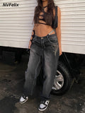 Printed Cargo Jeans Y2K Dark Blue Brown High Waist Streetwear 90S Baggy Trousers Women Pants Straight Wide Leg