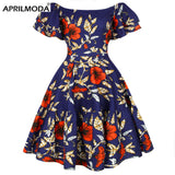 Womens African Ankara Print Mini Dress Traditional Casual Outfits Attire 2021 Fashion Short Sleeve Slash Neck African