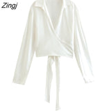 Women Fashion White Color Soft Satin Cross Back Bow Tied Casual Short Smock Blouse Female Kimono Blusas Chic Tops