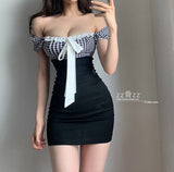 Summer Tops New French Korean Square Collar Puff Sleeve Lace Girlish Plaid Fake Two T Shirt Mini Dress Dresses
