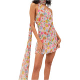 Printed Scarf Halter Strap Mini Dress- Outfit