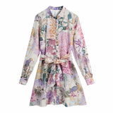 Elegant Spring Summer Basic Floral Print Boho Dress Cute Bow Sashes New Long Sleeve Mini Dress Bodycon Button-up