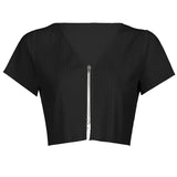 Zipper Casual Loose Long Sleeve Cropped Tshirt Autumn Fashion V Neck Crop Top T Shirt Women Chic Cotton